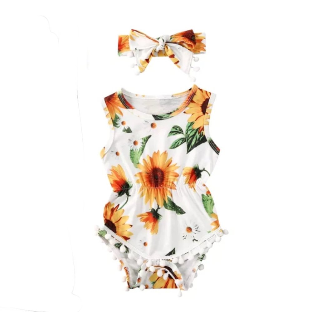 Sunflower Pom Pom romper and headband